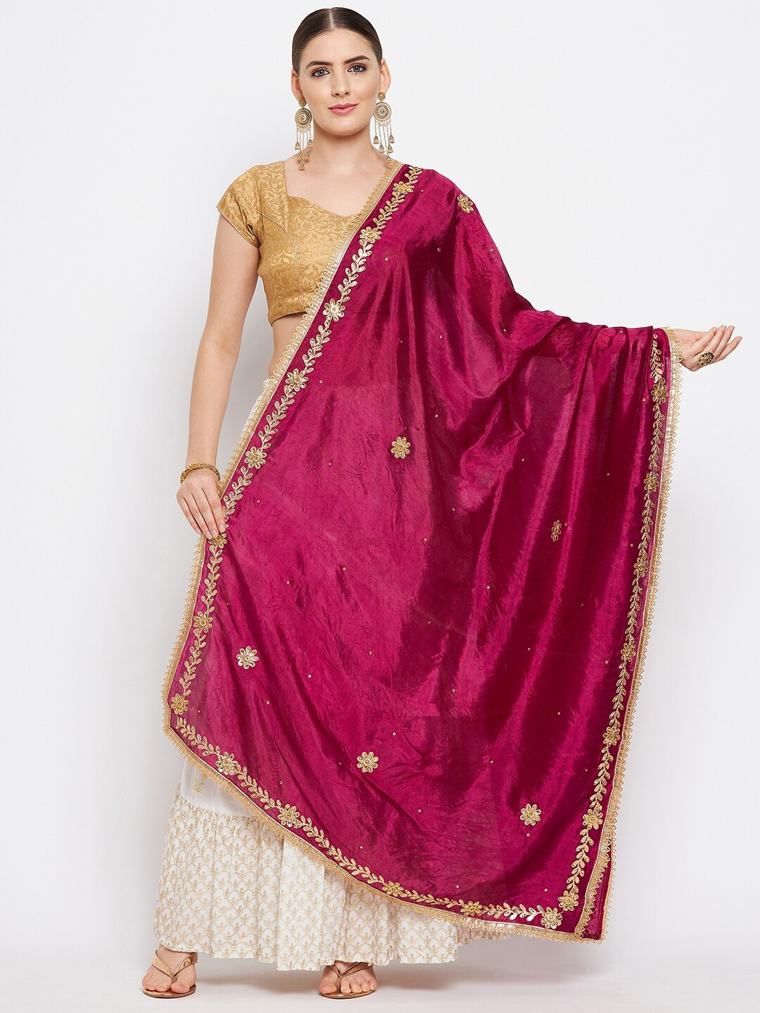 Clora Creation Women Burgundy & Gold-Toned Embroidered Dupatta with Beads and Stones
