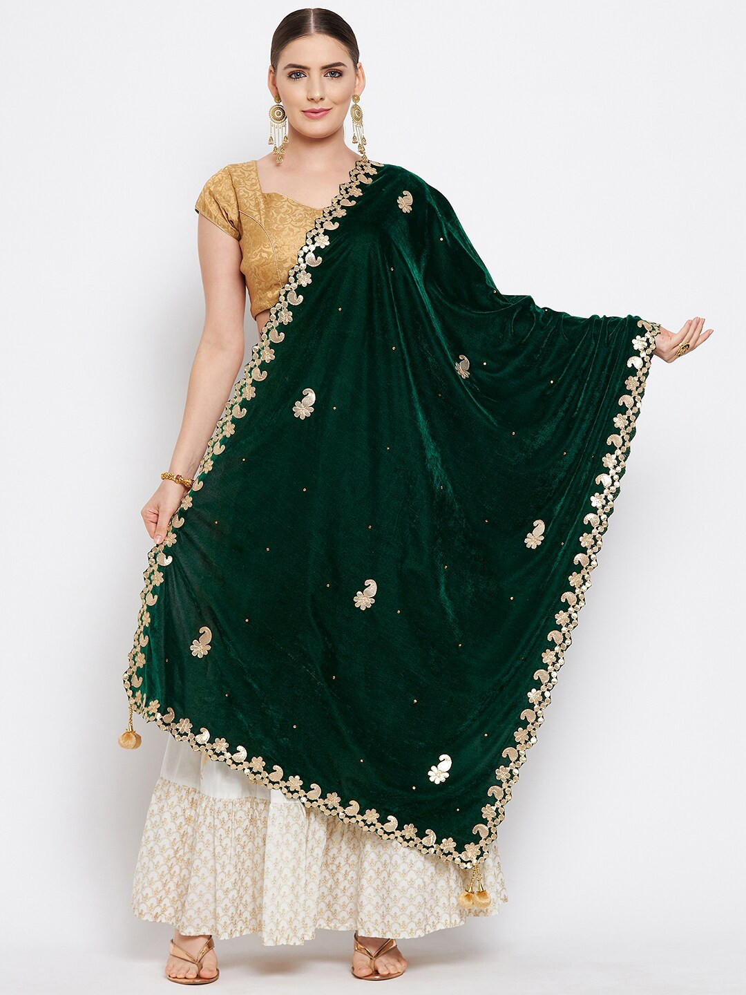 Clora Creation Green & Gold-Toned Embroidered Velvet Dupatta with Gotta Patti