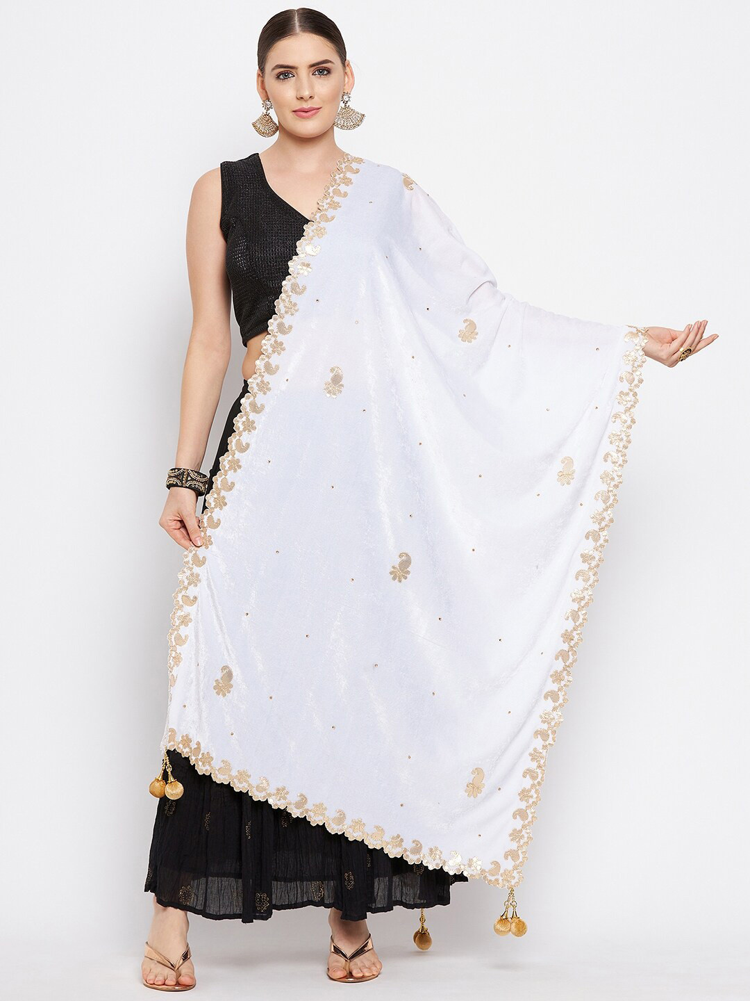 Clora Creation White & Gold-Toned Embroidered Velvet Dupatta with Gotta Patti