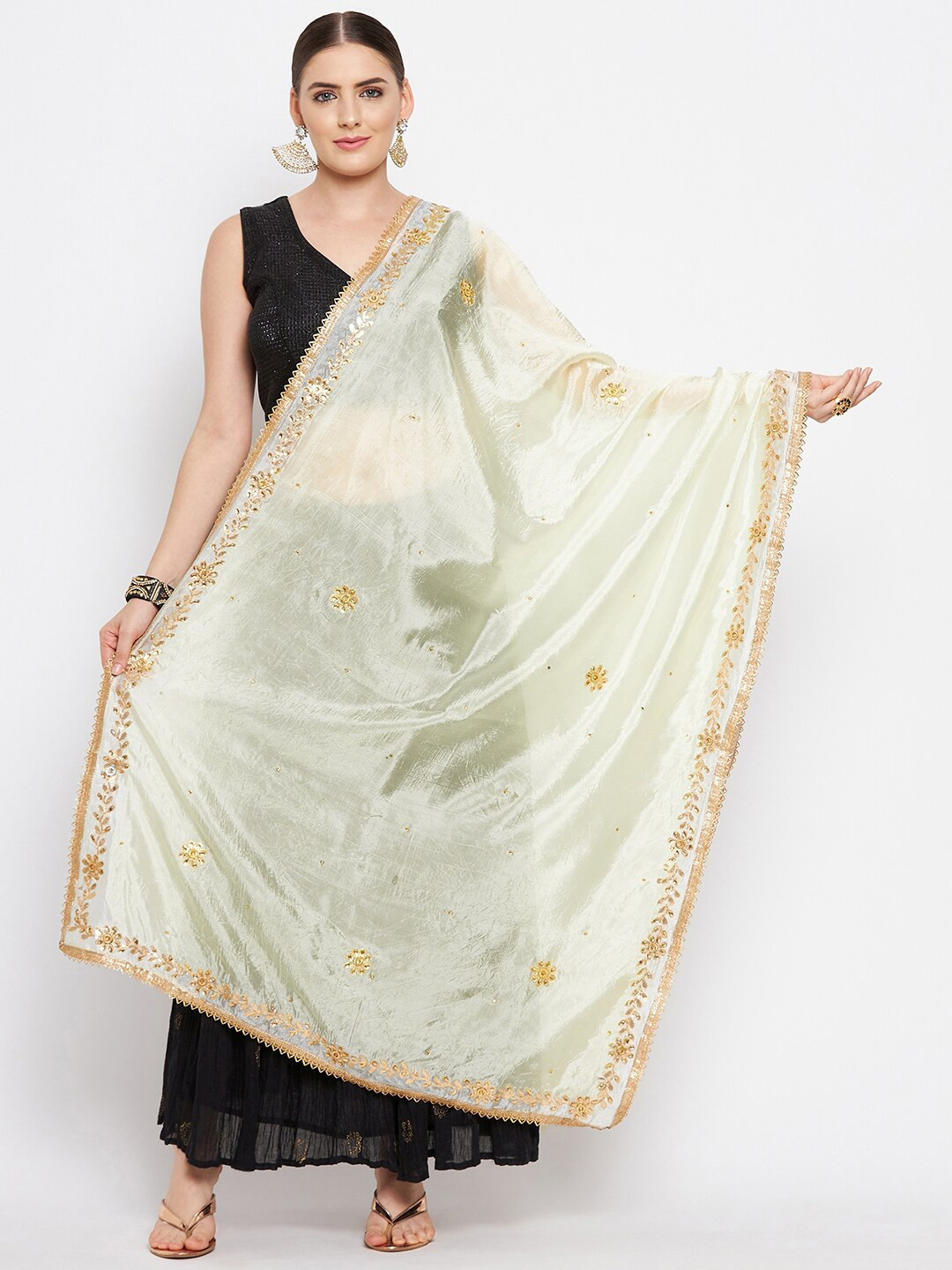 Clora Creation Cream-Coloured & Gold-Toned Embroidered Dupatta with Beads and Stones