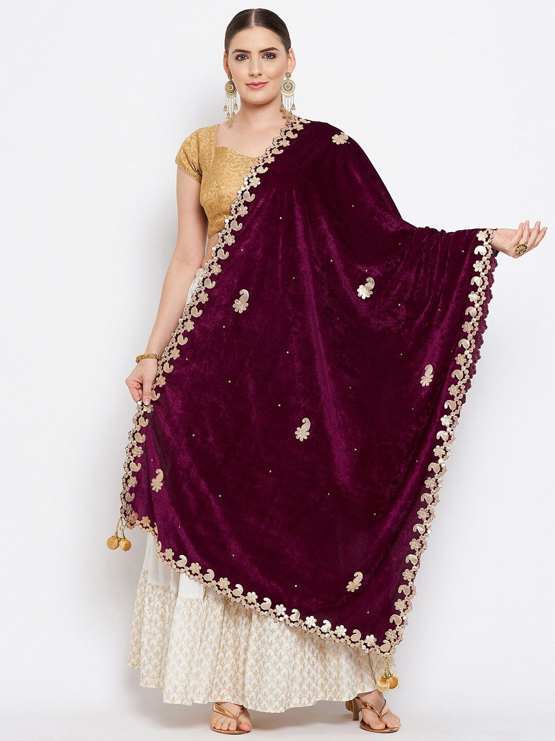 Clora Creation Burgundy & Gold-Toned Embroidered Velvet Dupatta with Gotta Patti