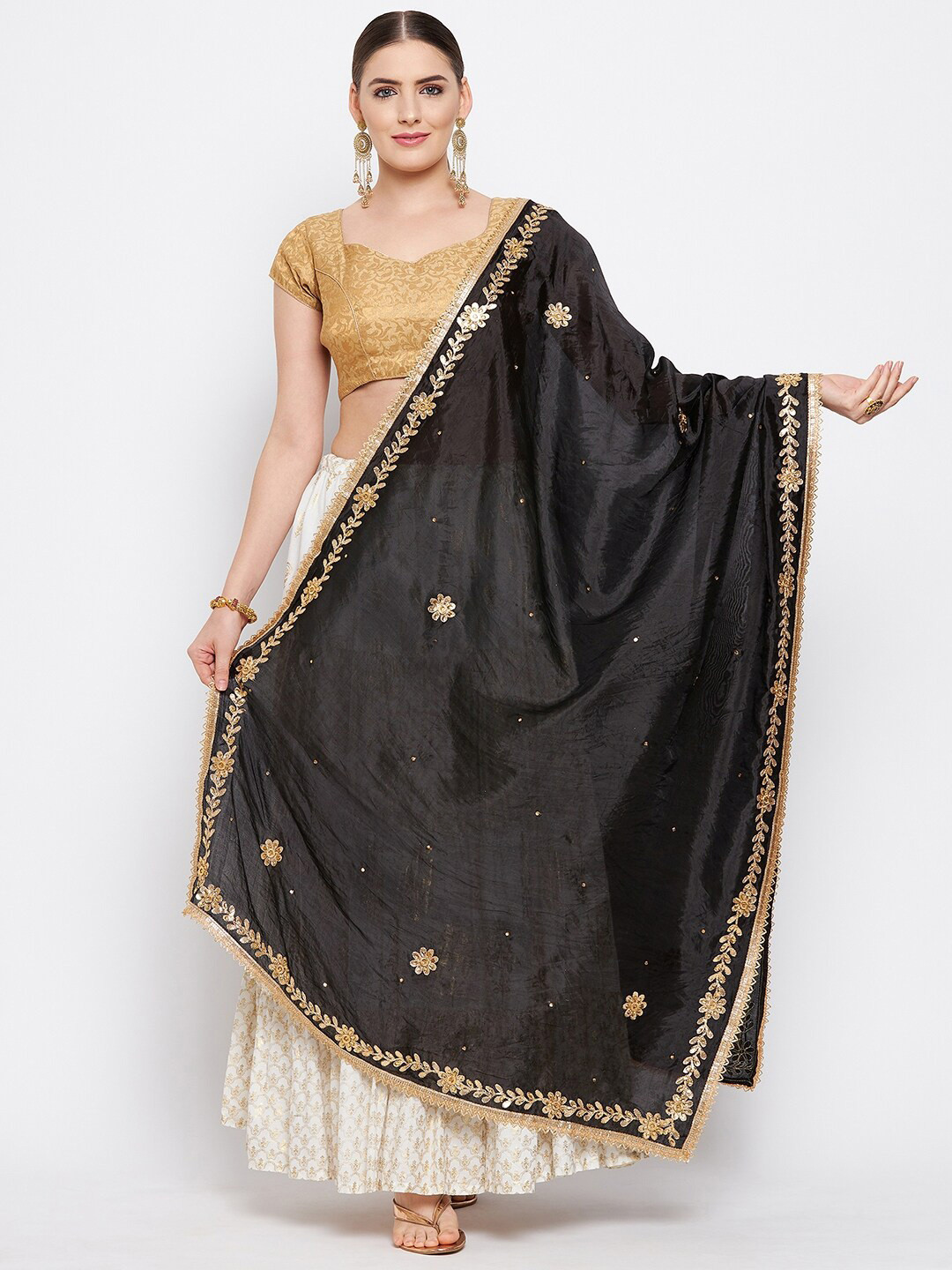 Clora Creation Black & Gold-Toned Embroidered Dupatta With Beads And Stones