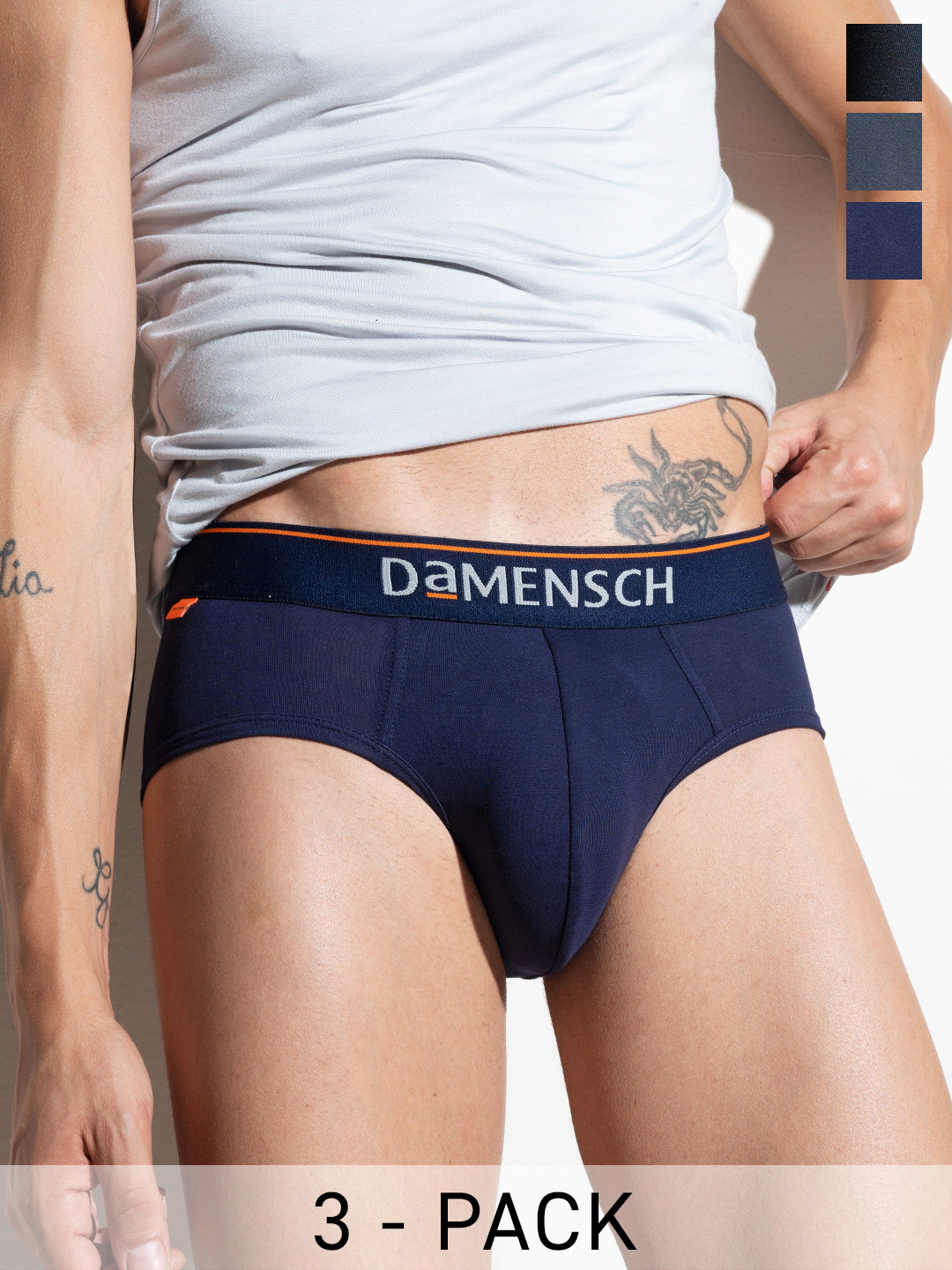 DAMENSCH Men Pack Of 3 DEO-COTTON Anti Bacterial Briefs DAM-CTS-B-NNY-CCD-BKN