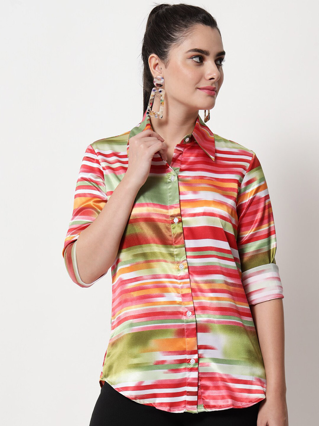 Orchid Blues Women Red & Green Abstract Printed Casual Shirt
