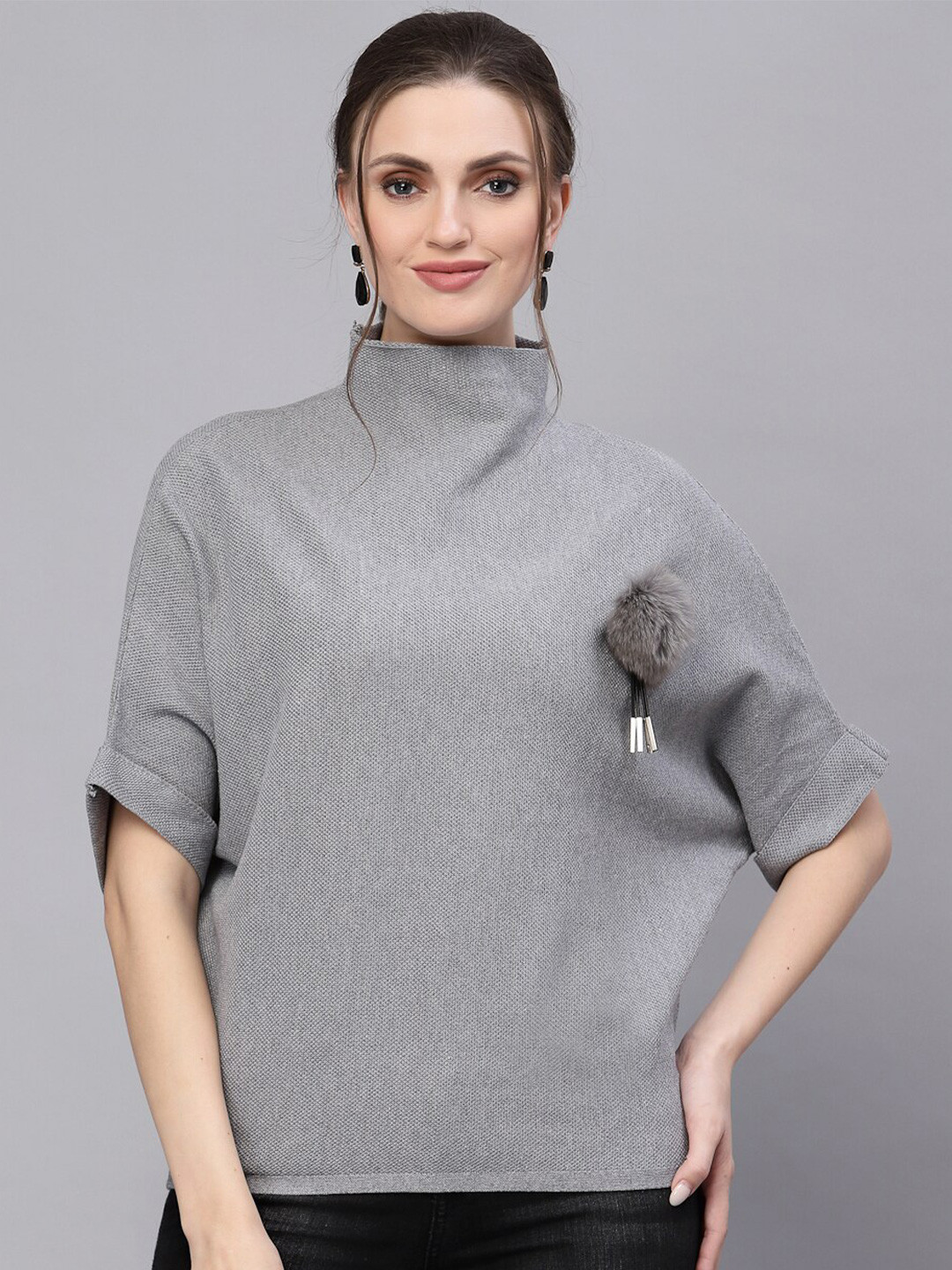 Mafadeny Women Grey Solid High Neck Pullover