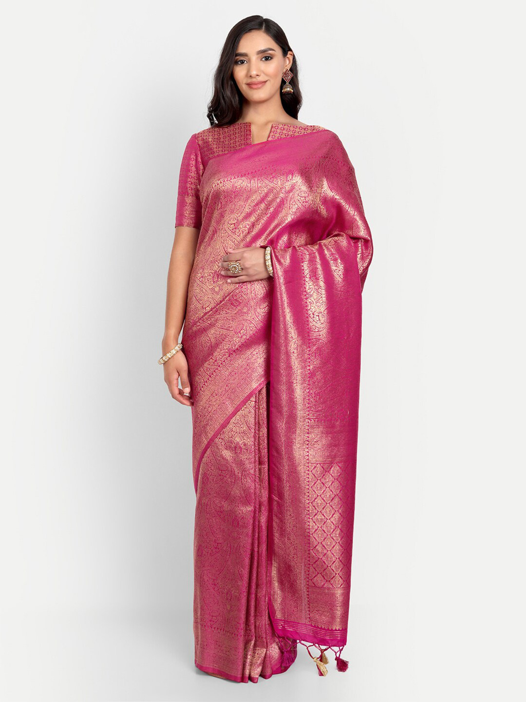 Vardha Pink & Gold-Toned Woven Design Zari Silk Blend Kanjeevaram Saree
