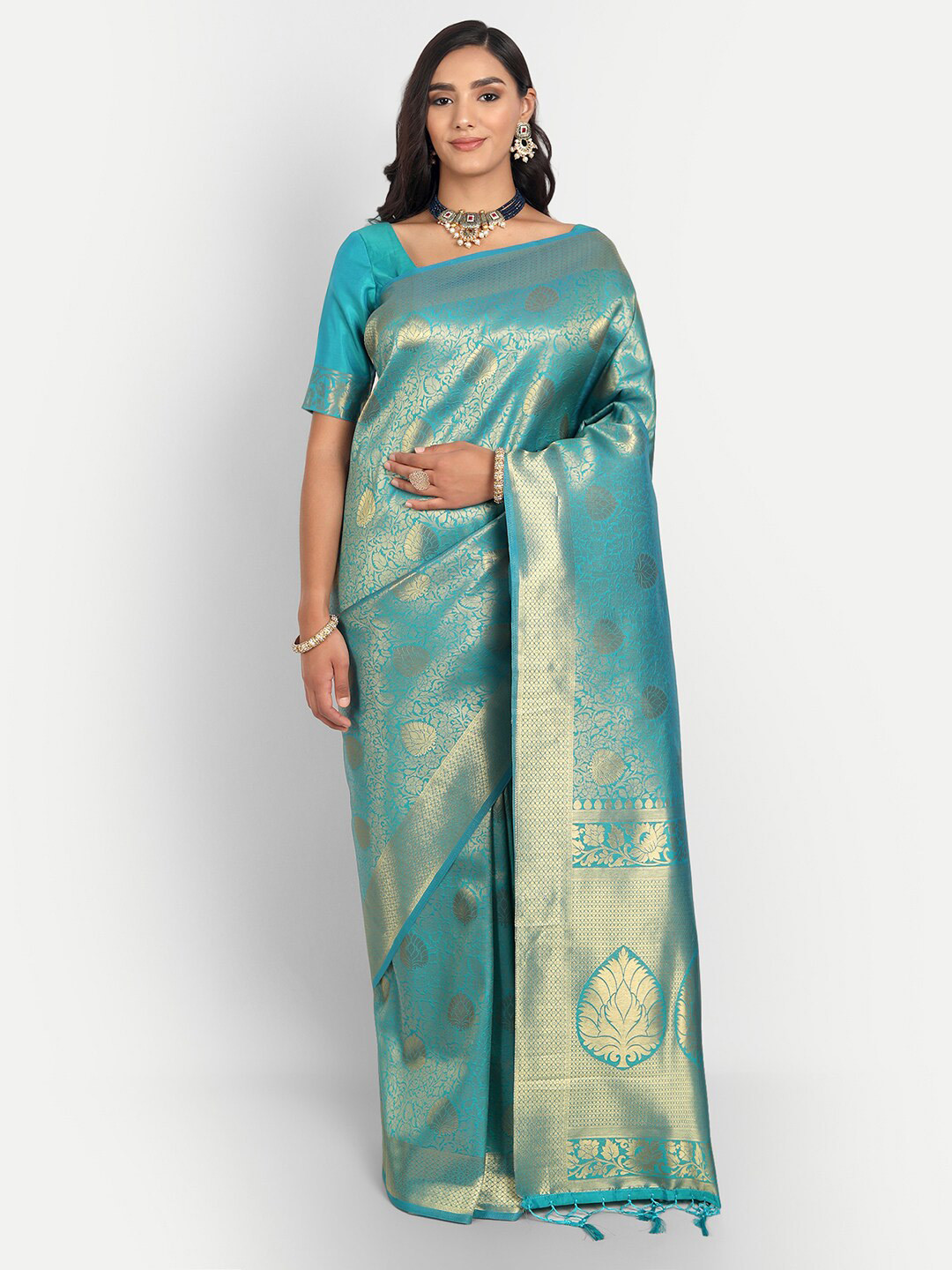 Vardha Teal & Gold-Toned Ethnic Motifs Zari Silk Blend Kanjeevaram Saree