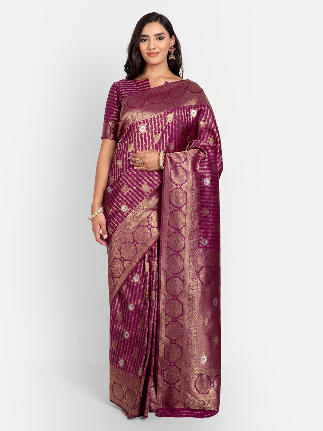 Vardha Maroon & Gold-Toned Woven Design Zari Silk Blend Kanjeevaram Saree