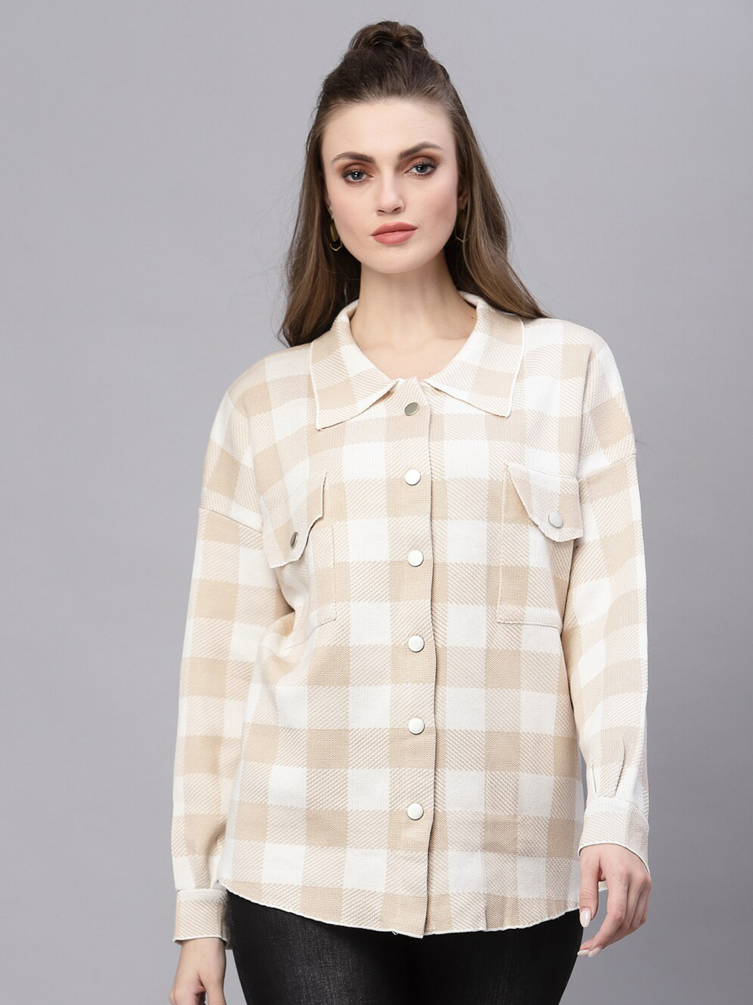 Mafadeny Women Beige Comfort Gingham Checks Checked Casual Shirt
