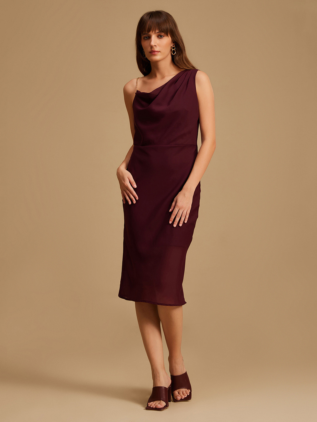 Kazo Maroon Cowl Neck Sheath Dress