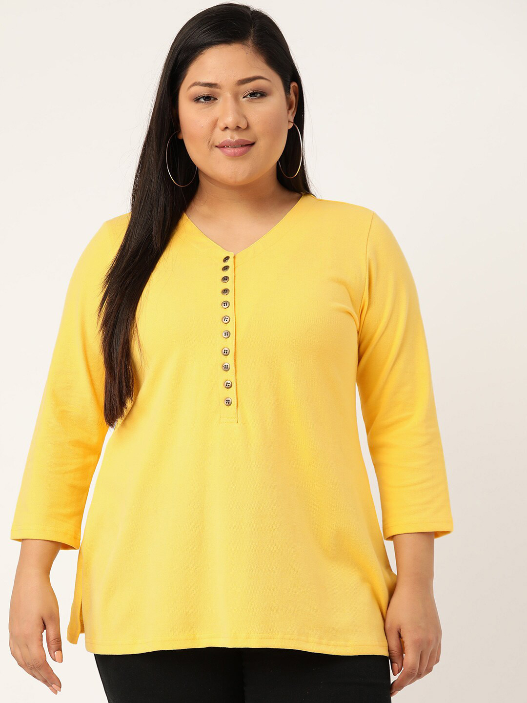 theRebelinme Plus Size Women Yellow V-Neck A-Line Cotton T-shirt