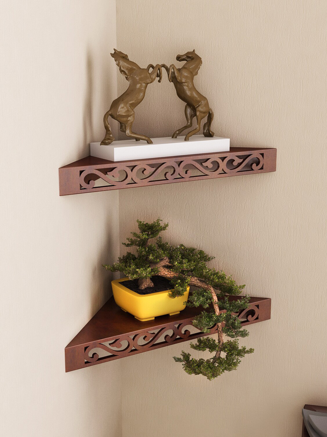 Home Sparkle Set Of 2 Brown Wooden Corner Shelf with Hidden Brackets