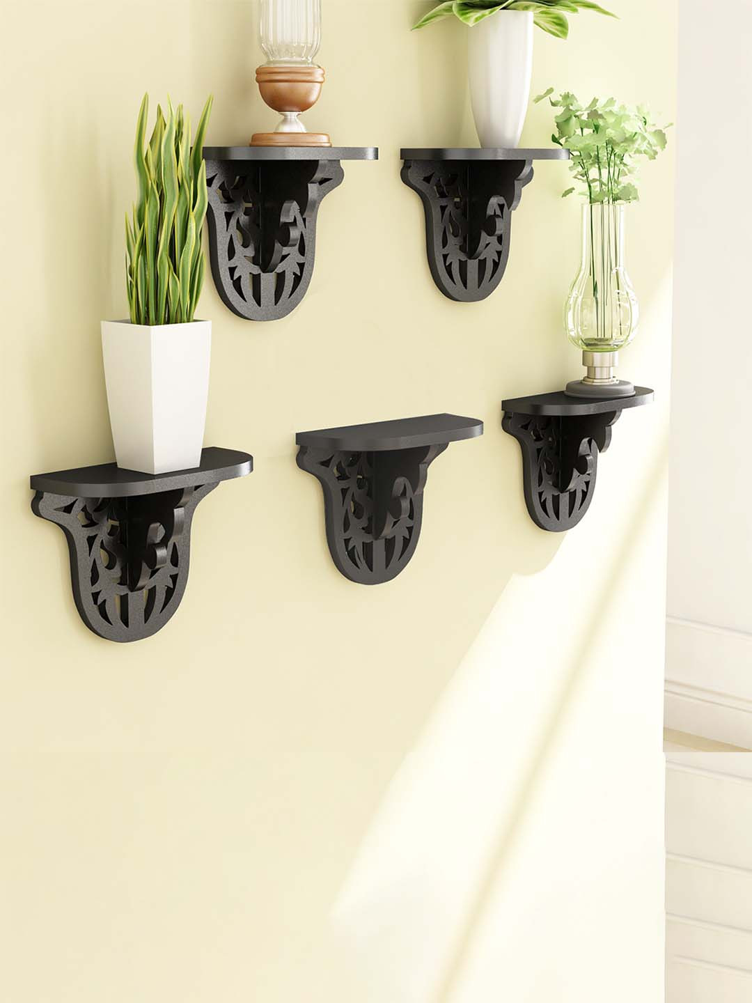 Home Sparkle Set Of 5 Black Floating Wall Shelves Decor