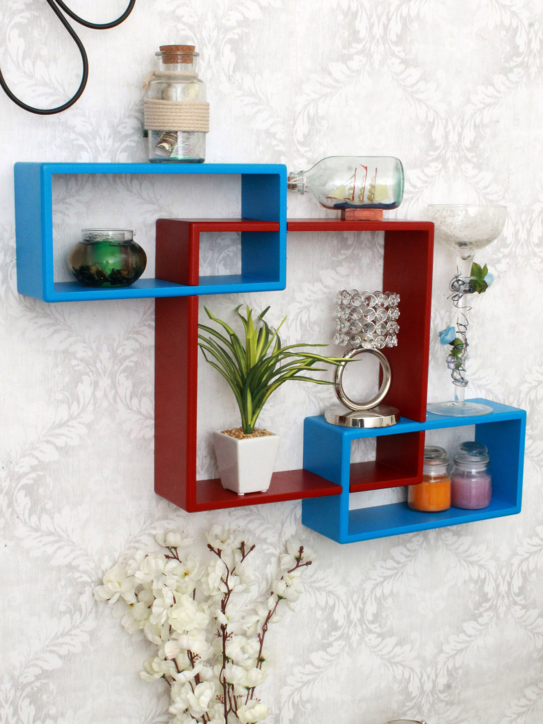 Home Sparkle Blue & Maroon Wood Wall Shelves
