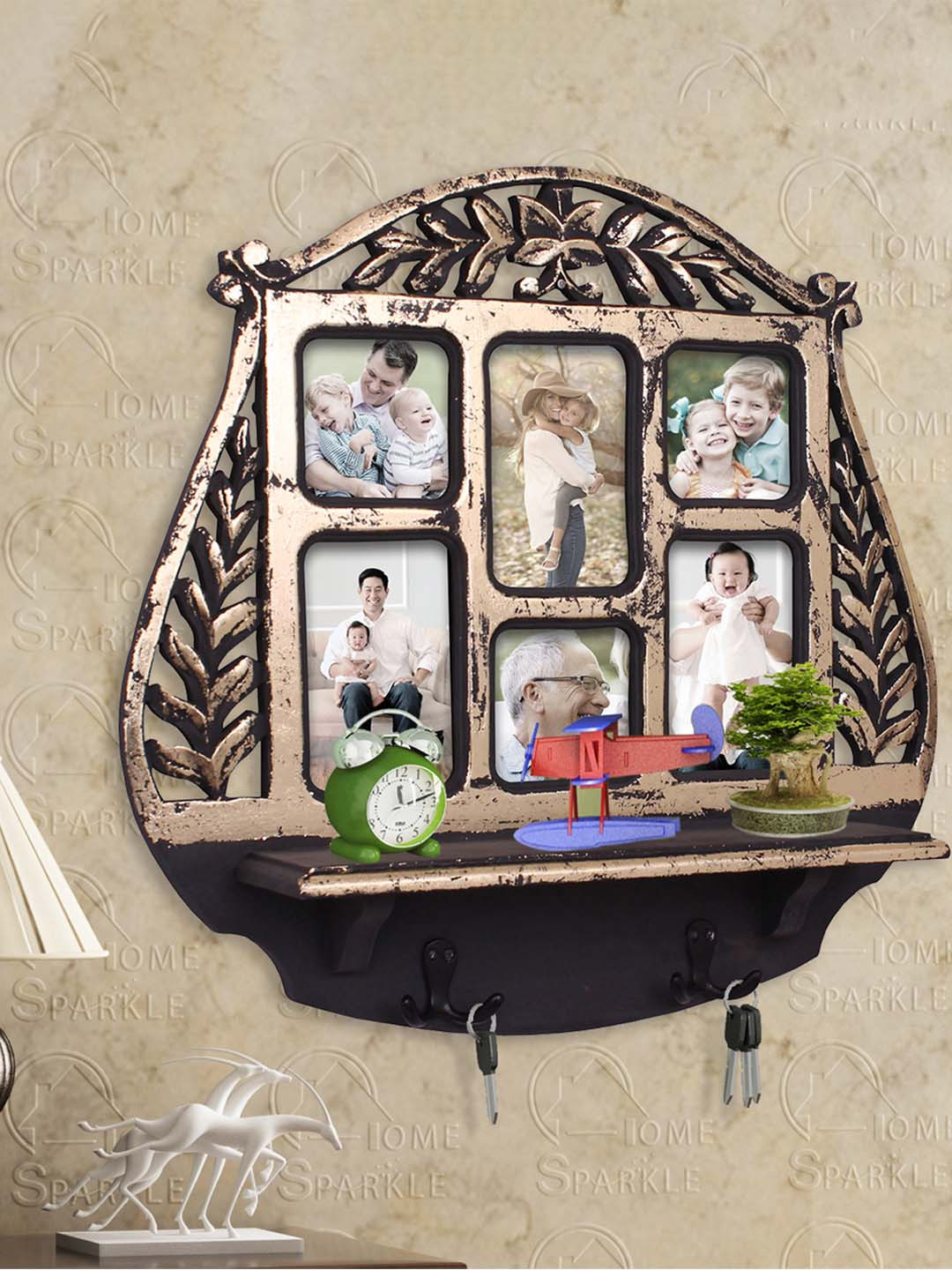 Home Sparkle Gold-Toned Wood Wall Shelf With Photoframe & Hooks