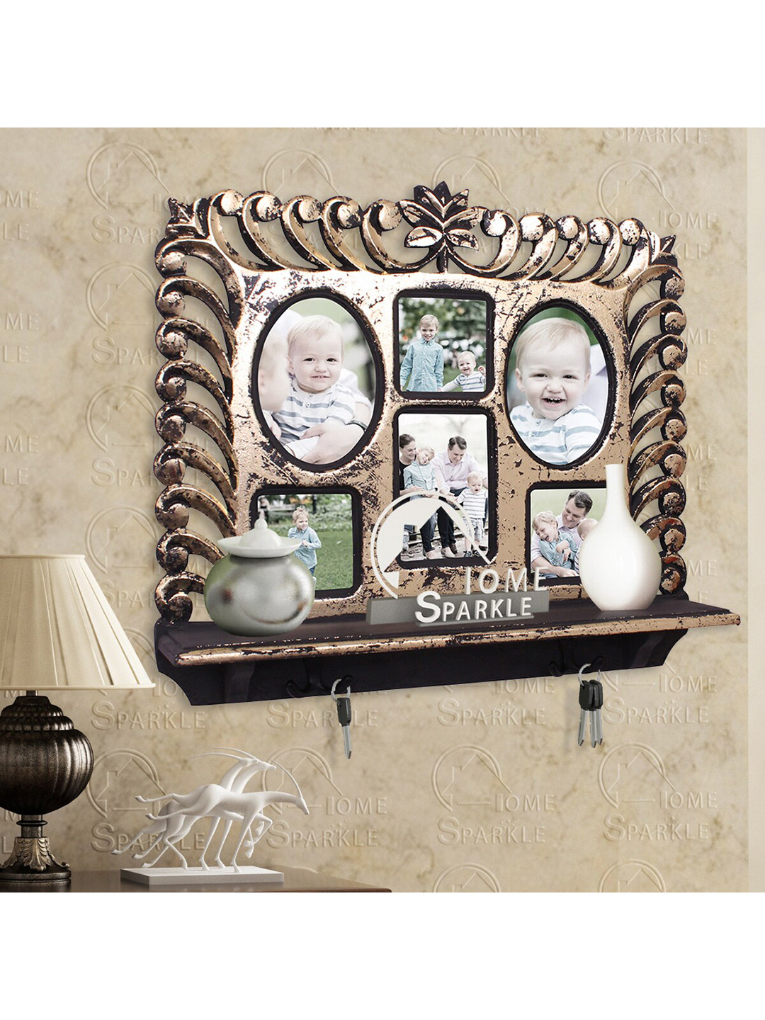 Home Sparkle Wood Wall Shelf with Keyholders