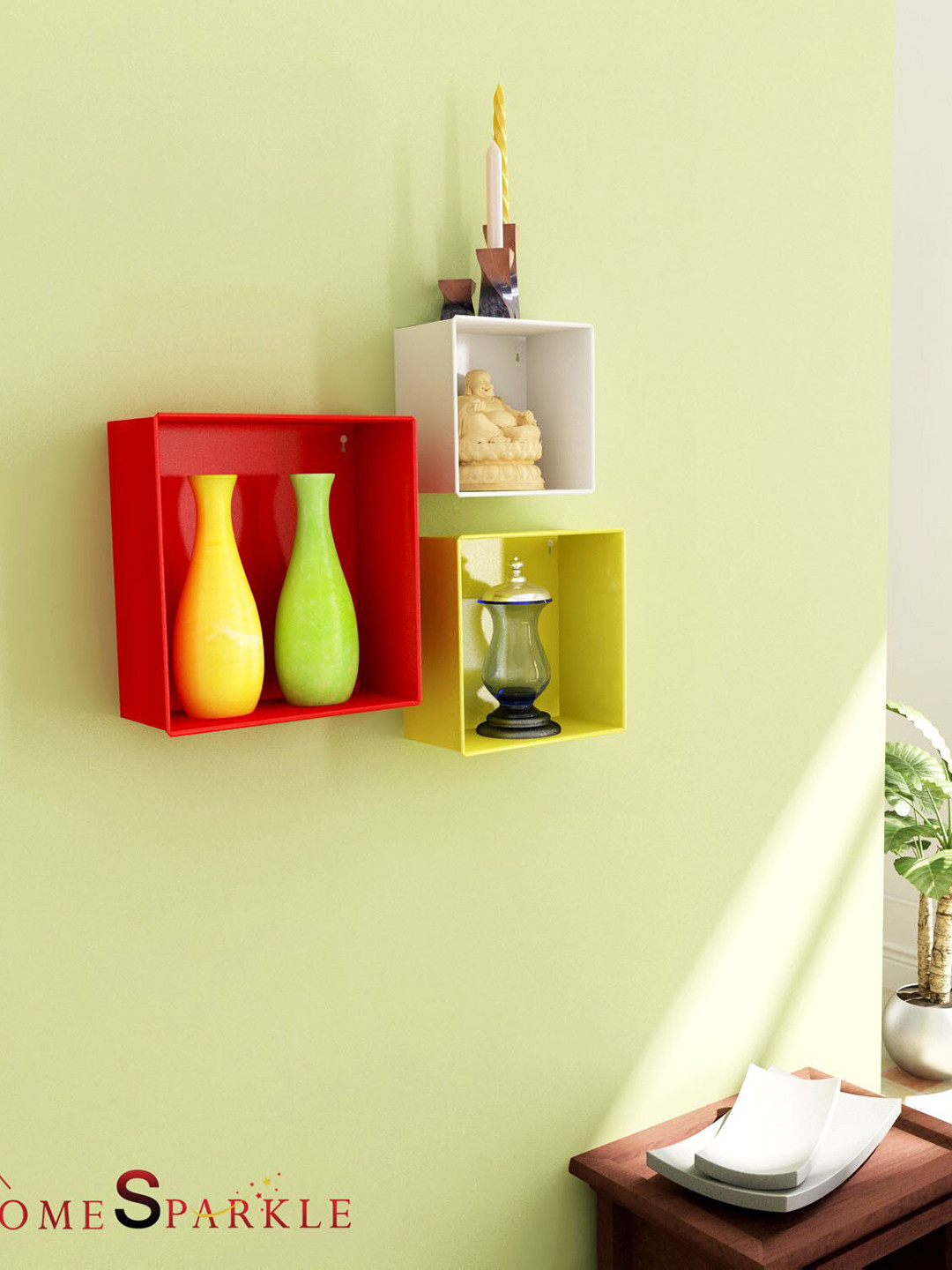 Home Sparkle Pack of 3 Red & Yellow Metal Cube Wall Shelves