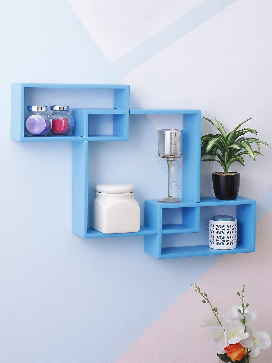 Home Sparkle MDF Interlocking 1 Big Cube & 2 Small Rectangle Design Pocket Wall Shelf