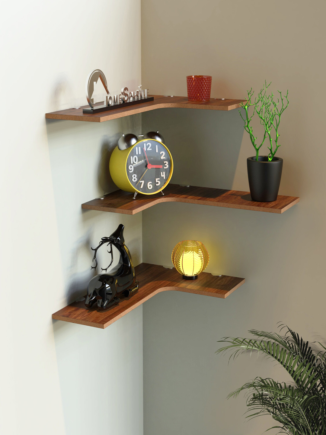 Home Sparkle Brown 3 Pieces MDF Corner Wall Shelves
