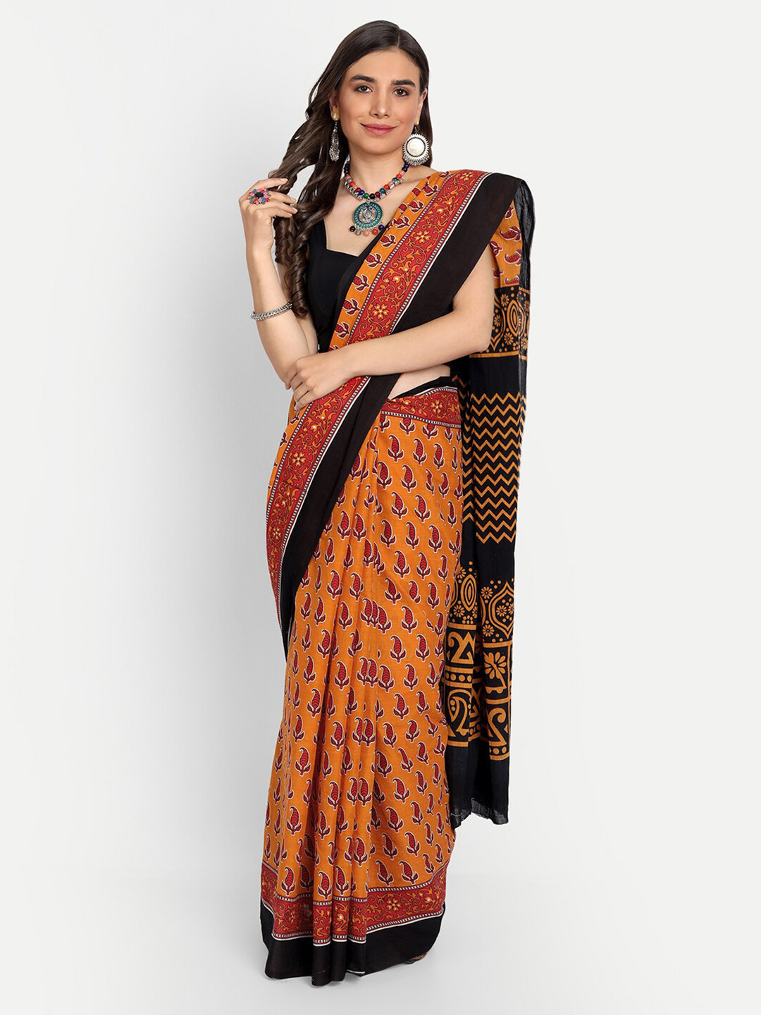 BUTA BUTI Orange & Black Ethnic Motifs Pure Cotton Saree