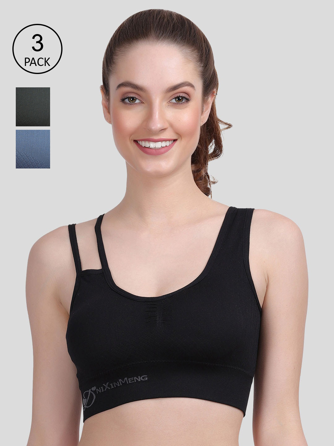 Amour Secret Pack of 3 Black & Blue Lightly Padded Sports Bra S017_Blk_Blu_Grn