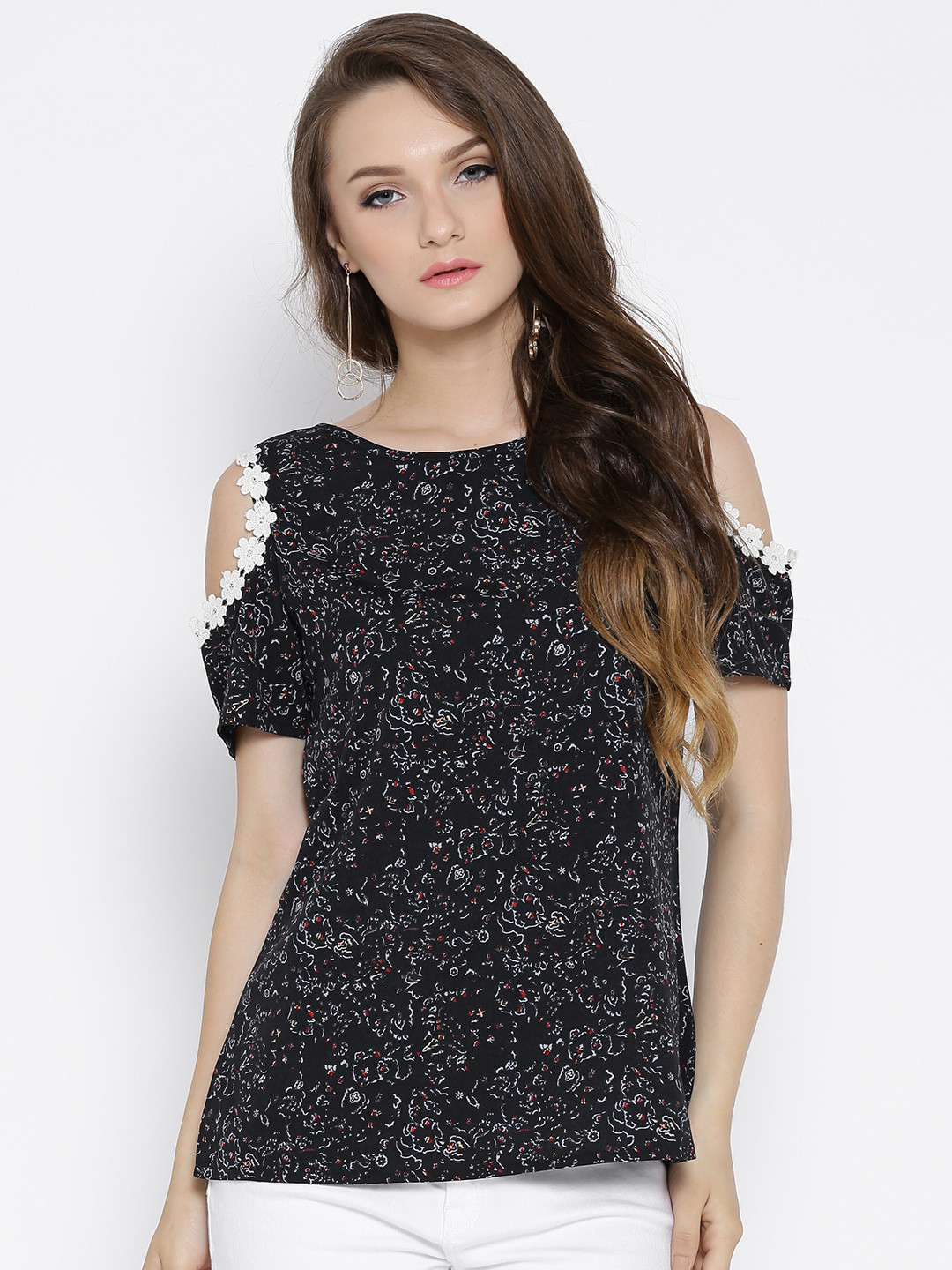 RARE Women Navy Lightweight Printed Cold-Shoulder Top