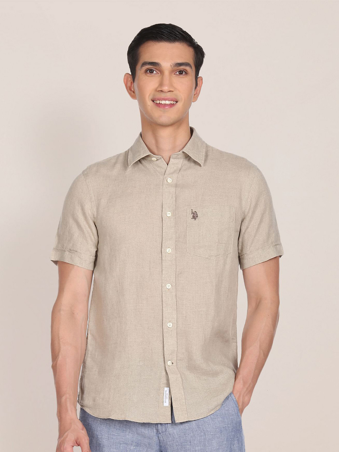 U S Polo Assn Men Taupe Solid Tailored Fit Linen Casual Shirt
