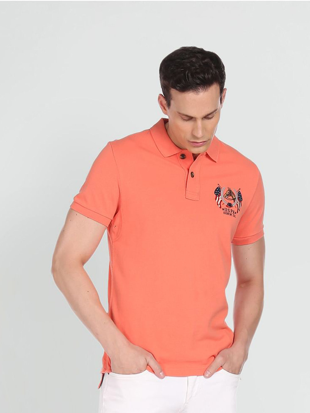 U.S. Polo Assn. Denim Co. Men Peach Brand Logo Printed Polo Collar Pure Cotton T-shirt
