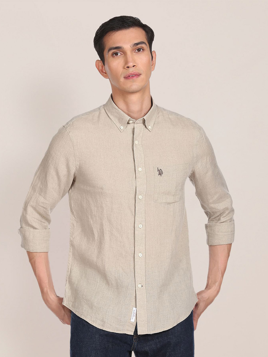 U.S. Polo Assn. Men Beige Linen Tailored Fit Casual Shirt