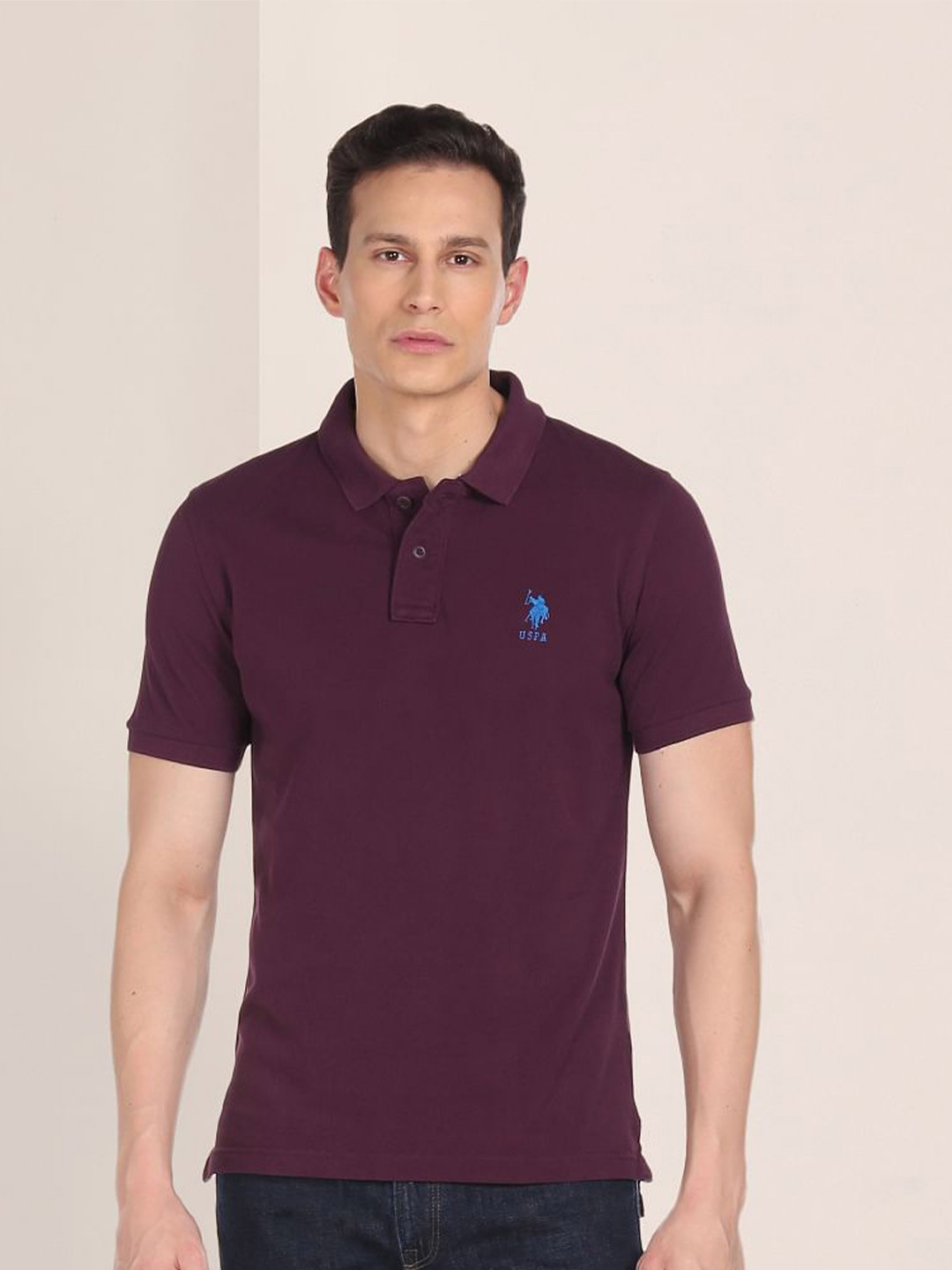 U.S. Polo Assn. Men Purple Solid Polo Collar Pure Cotton Slim Fit T-shirt