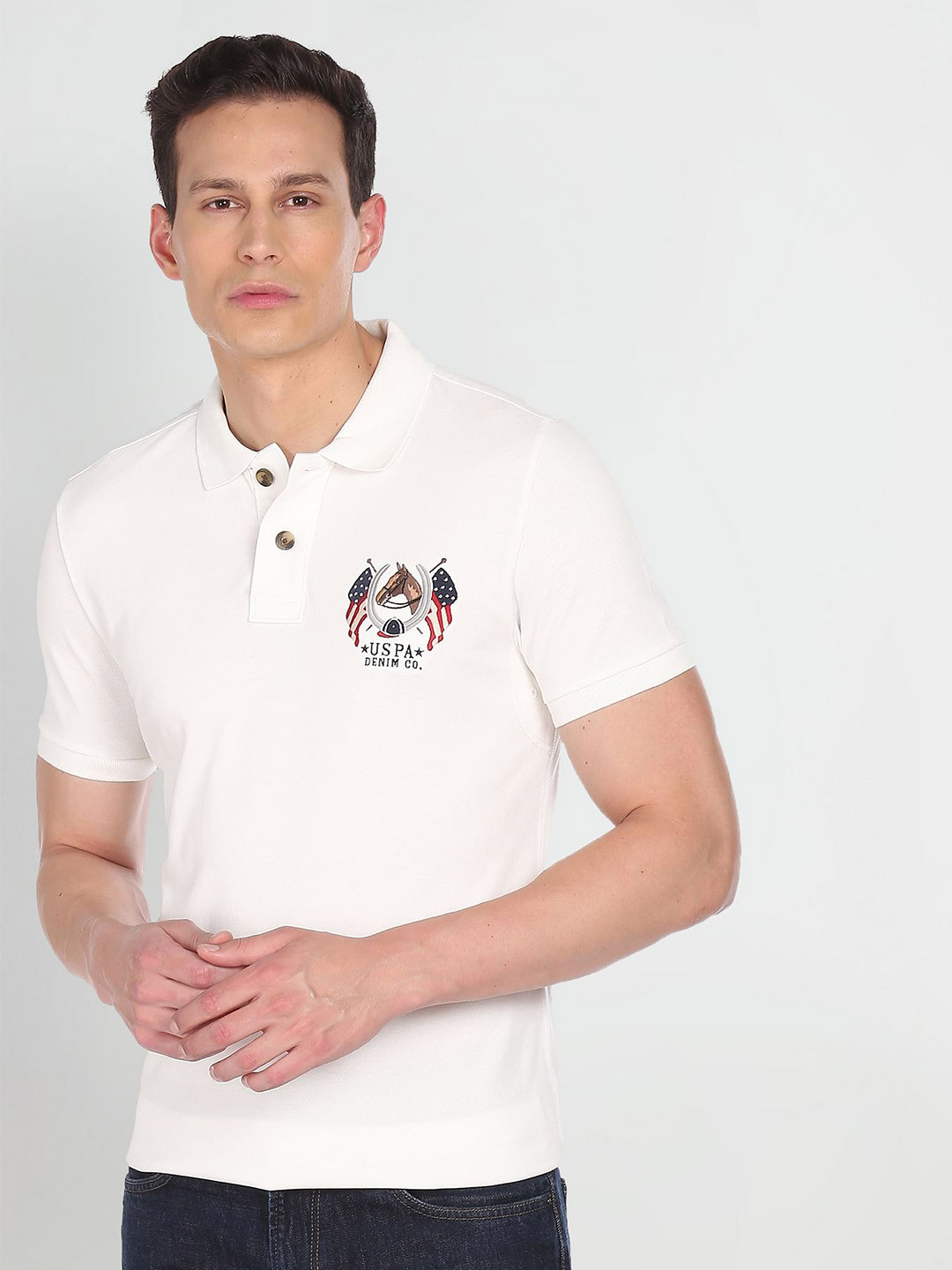 U S Polo Assn Denim Co Men Off White Pure Cotton Brand Logo Printed Polo Collar T-shirt