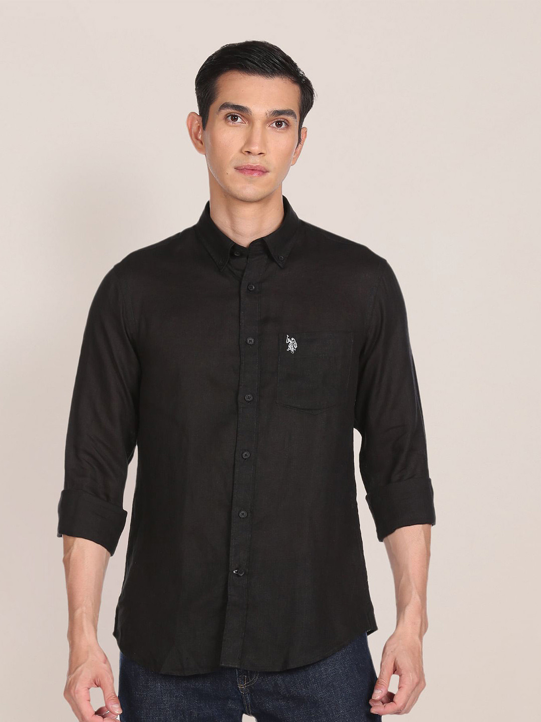 U.S. Polo Assn. Men Black Solid Linen Tailored Fit Casual Shirt