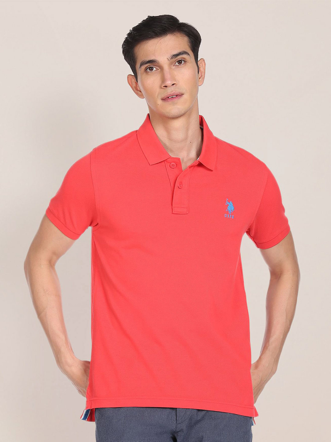 U.S. Polo Assn. Men Red Solid Polo Collar Pure Cotton Slim Fit T-shirt