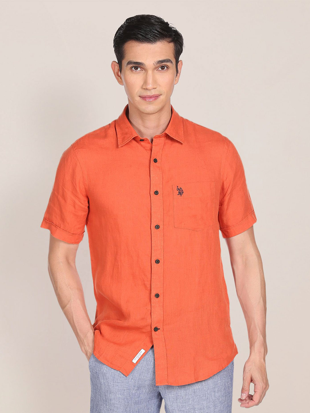 U S Polo Assn Men Orange Solid Tailored Fit Linen Casual Shirt