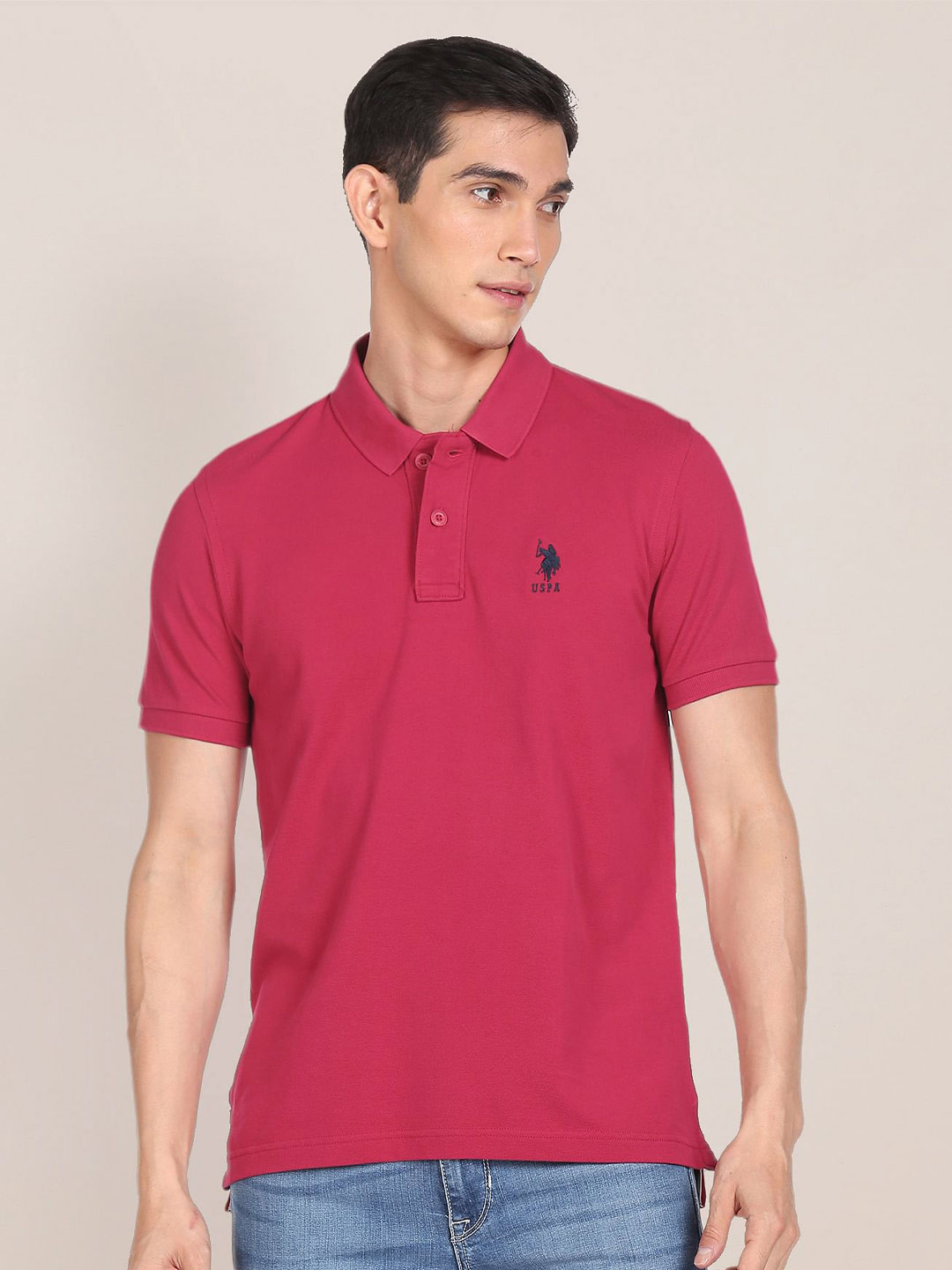 U.S. Polo Assn. Men Fuchsia Solid Polo Collar Pure Cotton Slim Fit T-shirt