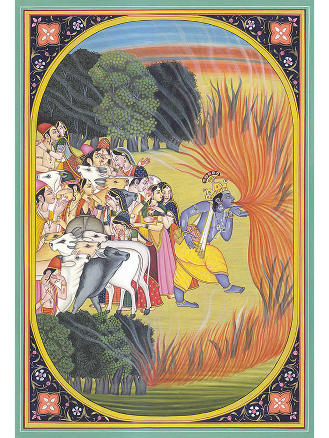 Exotic India Orange & Green Krishna Consumes Forest Fire Painting Wall Art