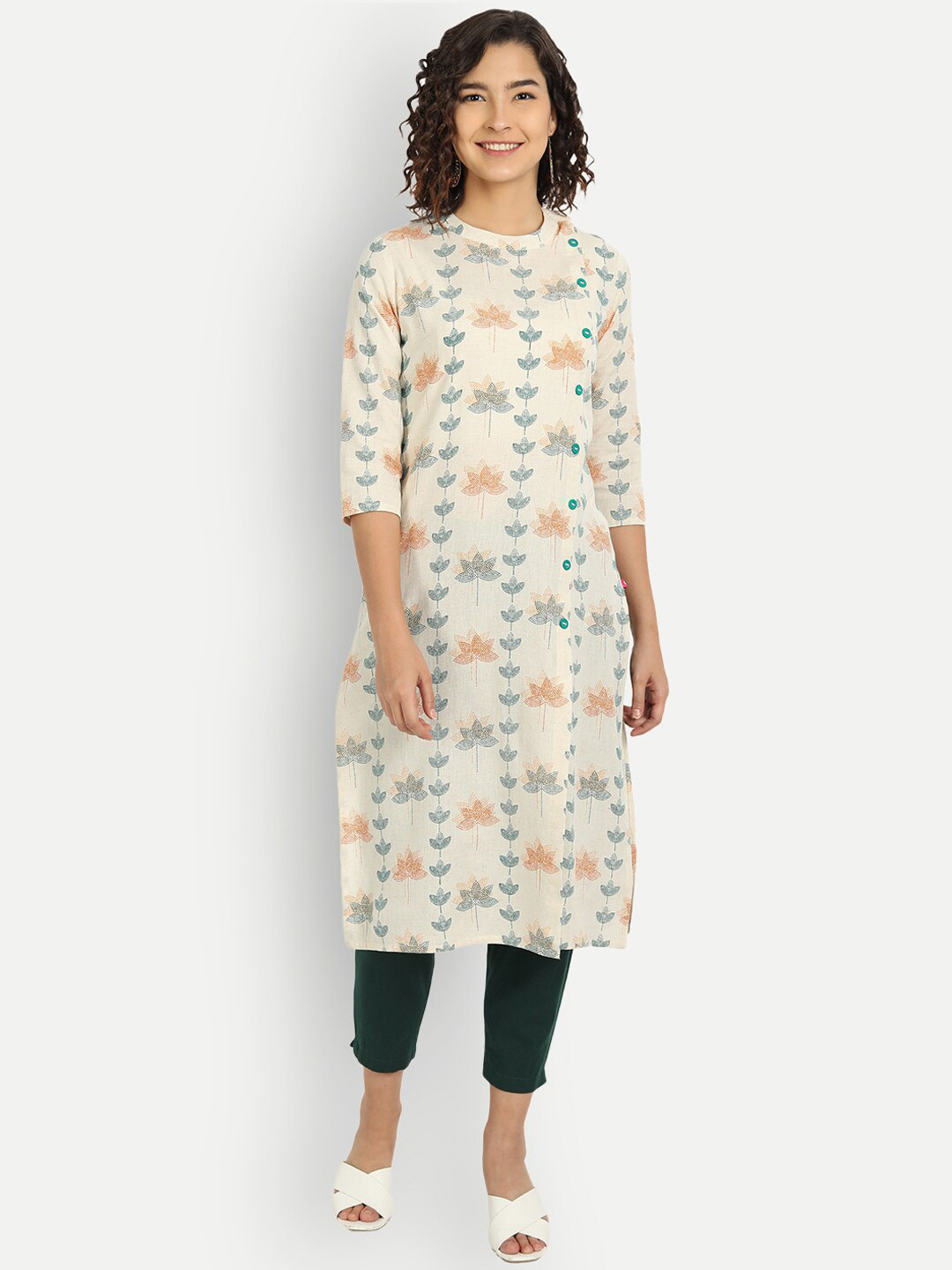 Haute and Humble Women Cream-Coloured & Blue Floral Printed Floral Kurta