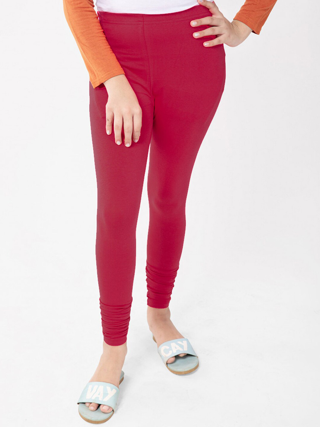 FRENCH KLEIDER Girls Maroon Solid Churidar-Length Pure Cotton Leggings