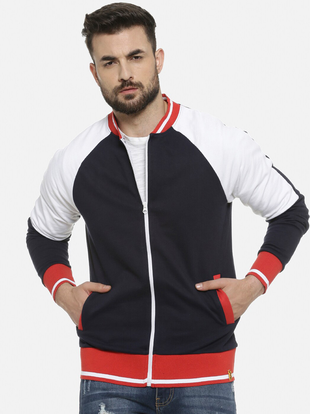 Campus Sutra Men Navy Blue White Colourblocked Outdoor Bomber Jacket