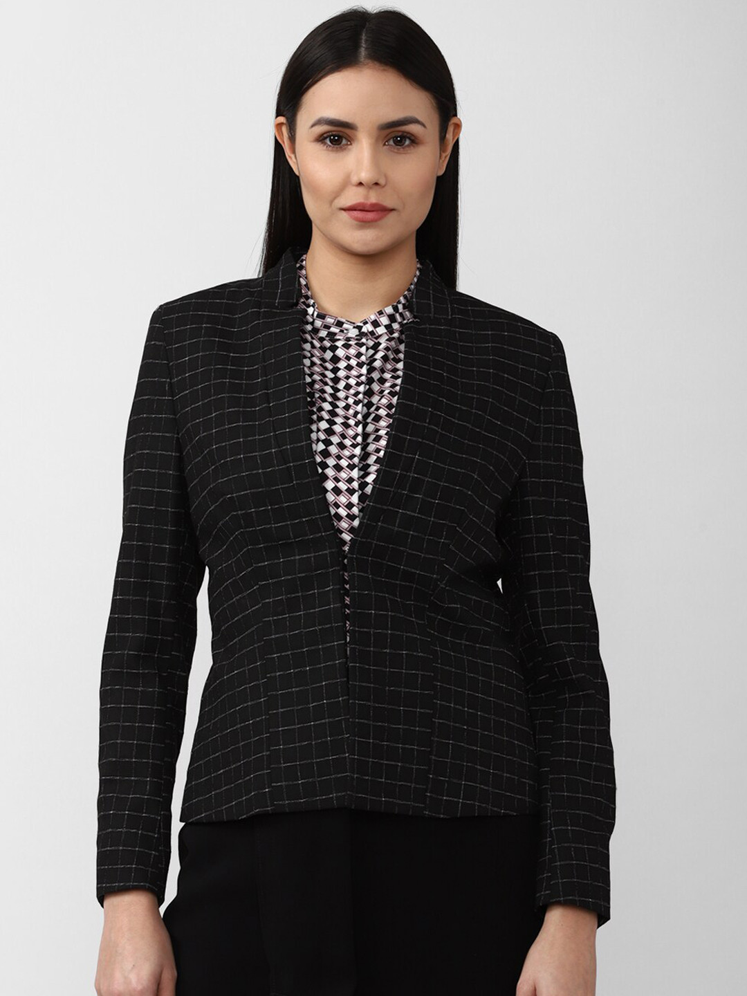 Van Heusen Woman Black Checked Single Breasted Pure Cotton Casual Blazer