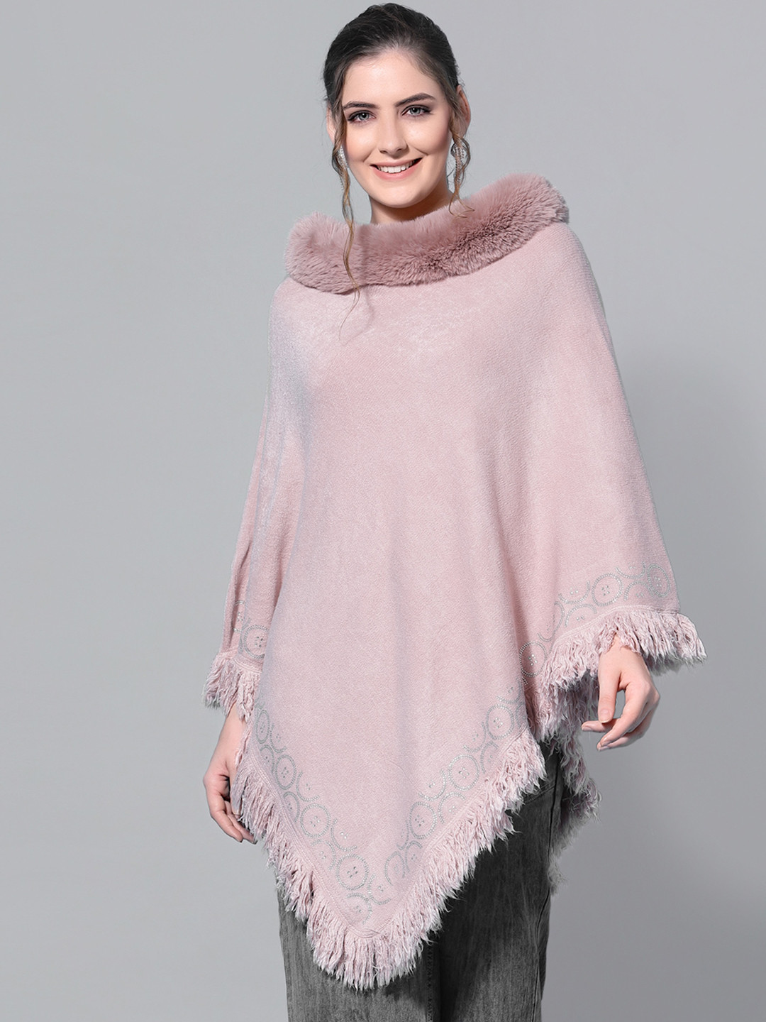 Mafadeny Women Peach-Coloured Poncho with Fuzzy Detail