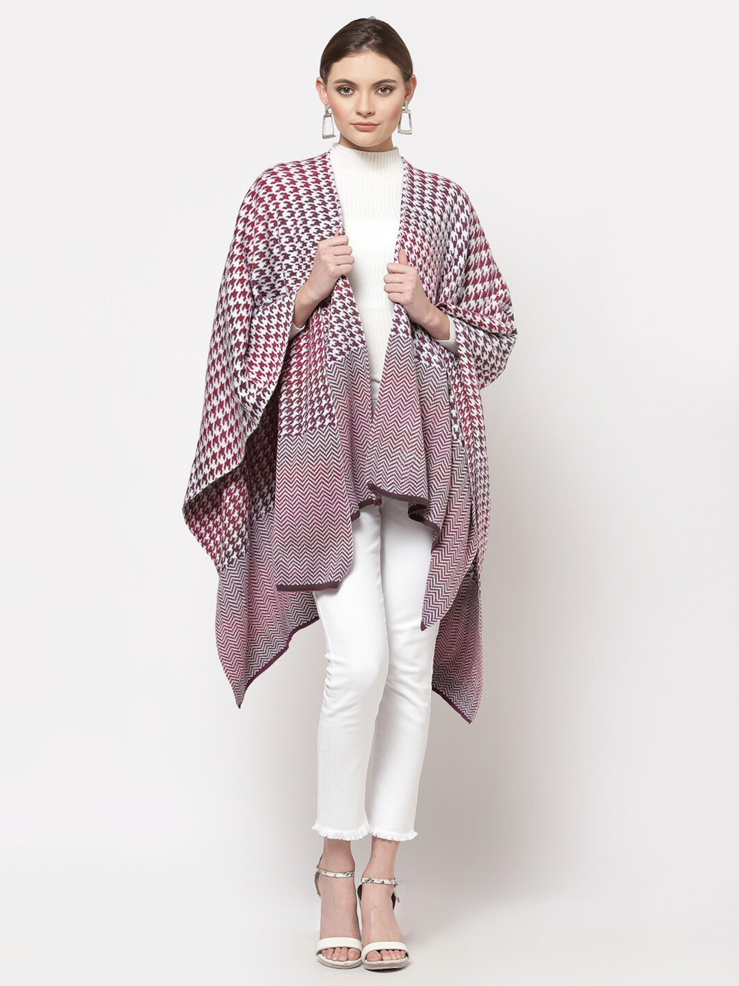 513 Women Pink & White Knitted Colourblocked Longline Waterfall Shrug