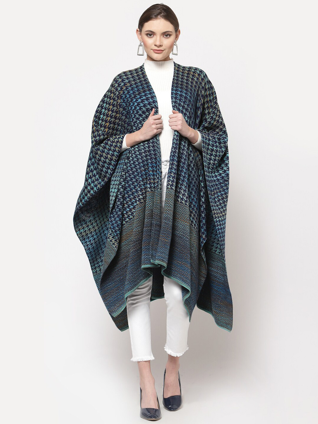 513 Women Navy Blue Colourblocked Longline Shrug