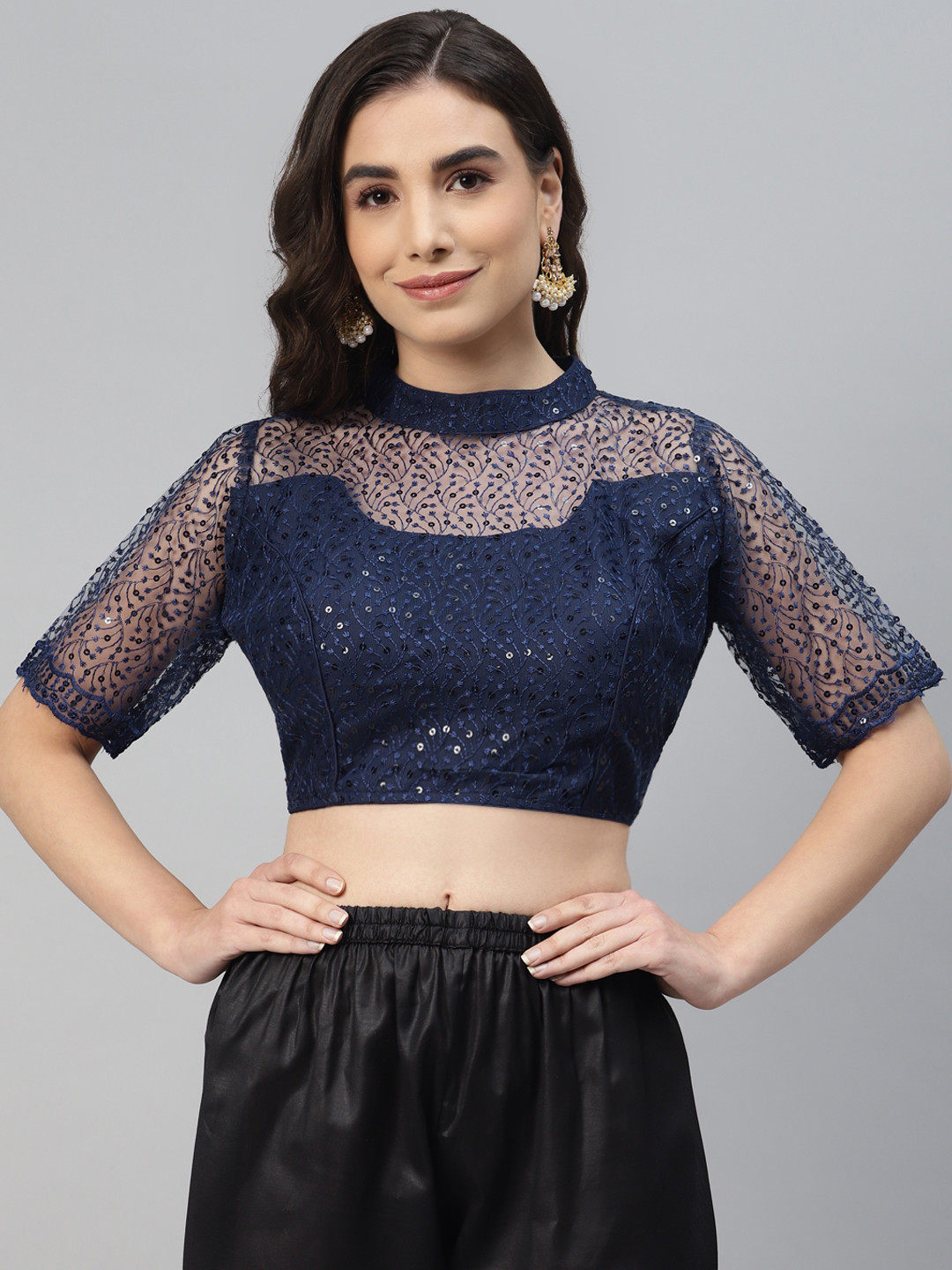 SHOPGARB Women Navy Blue Sequined Padded Saree Blouse