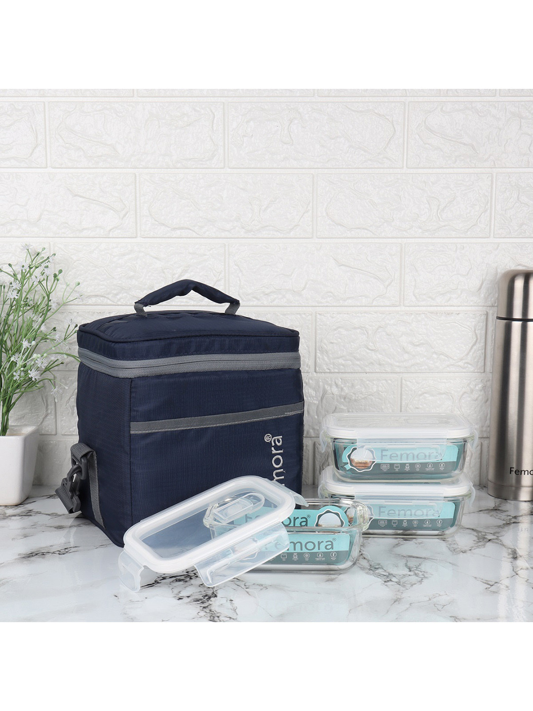 Femora Blue & Transparent Set of 3 Glass Lunch Box With Bag