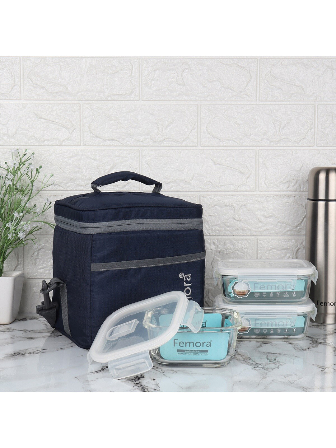Femora Blue & Transparent Set Of 3 Glass Lunch Box With Bag