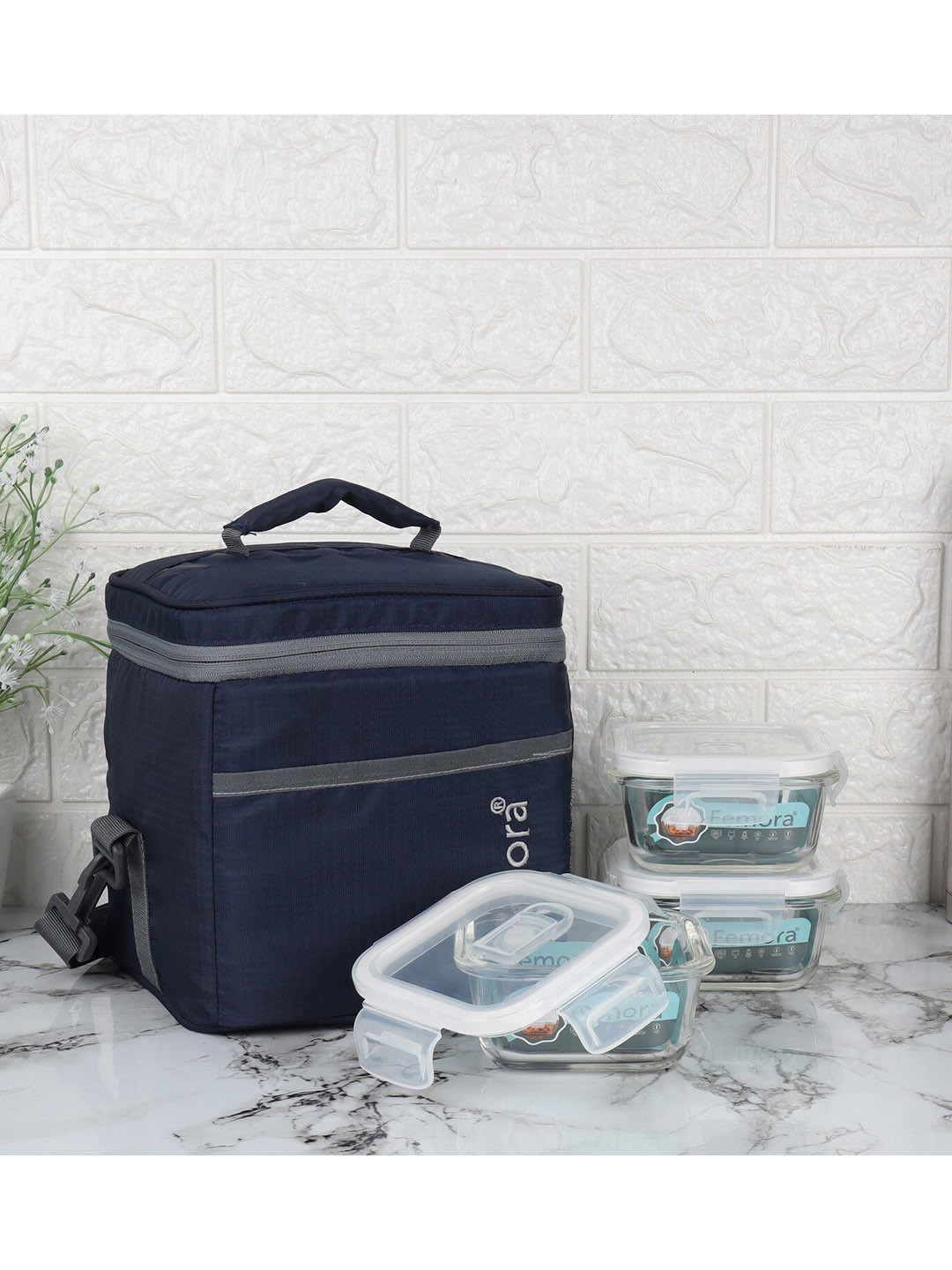 Femora  Blue & Transparent Set Of 3 Glass Lunch Box With Bag