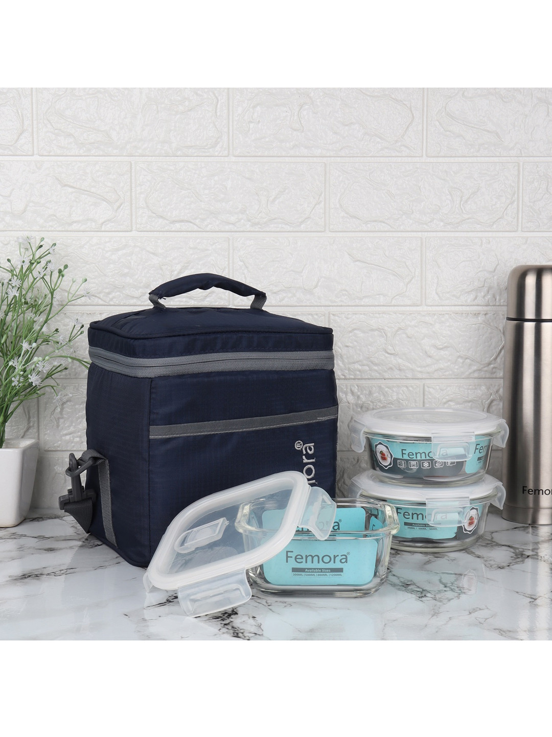 Femora Blue Set of 3 Borosilicate Glass Microwave Safe Container Lunch Box