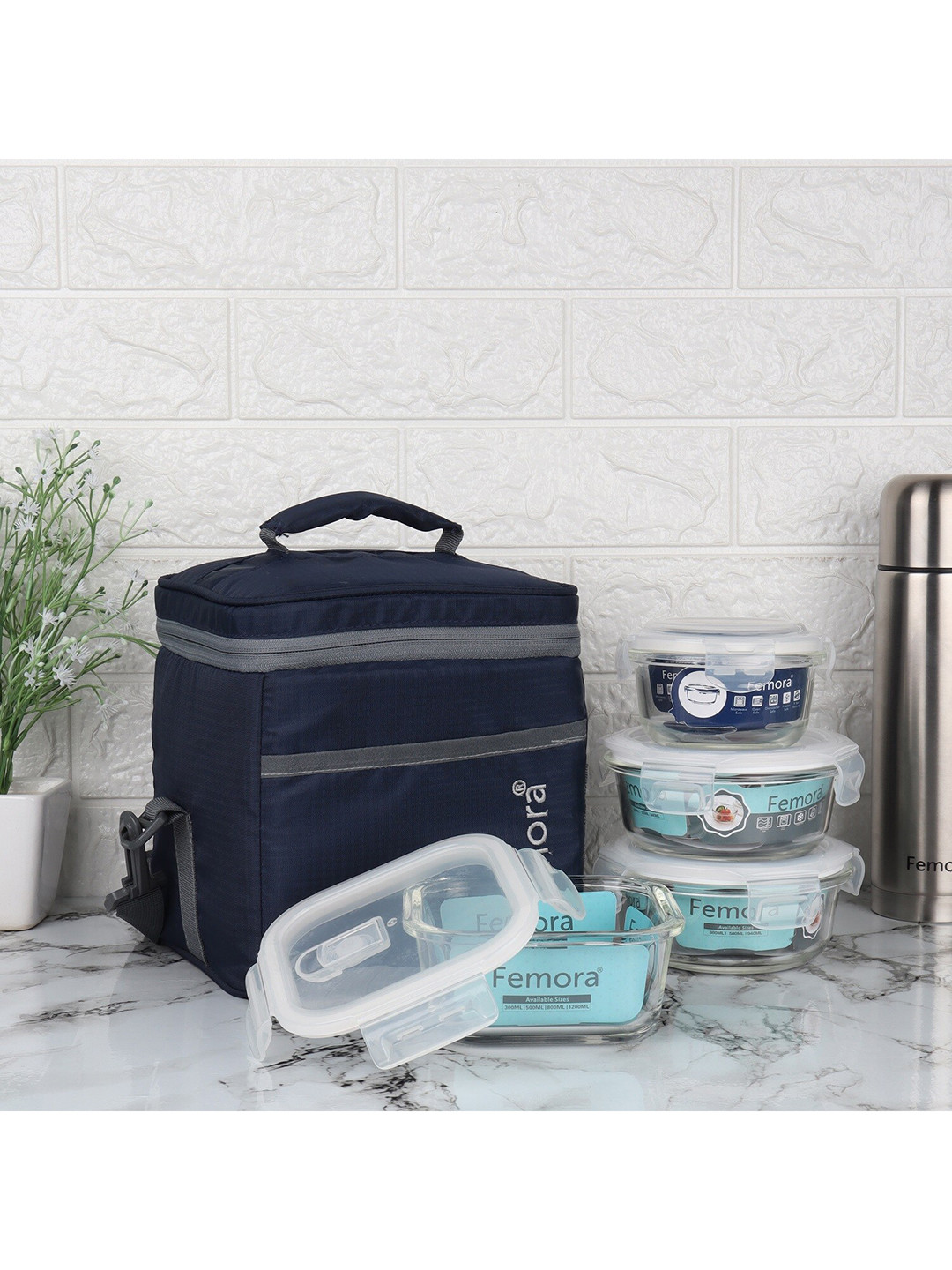 Femora  Blue & Transparent Set Of 3 Glass Lunch Box With Bag