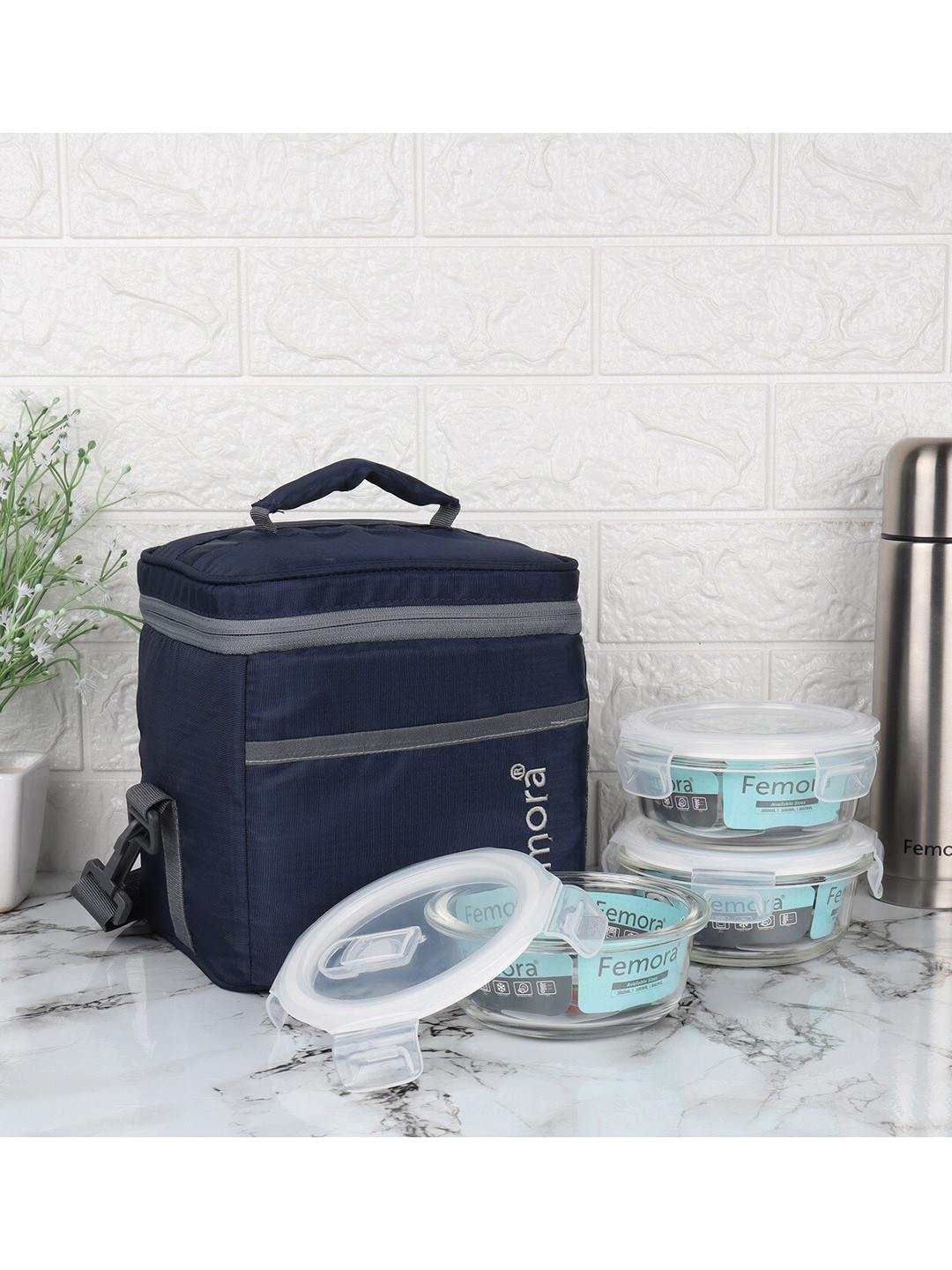 Femora Blue & Transparent Set Of 3 Borosilicate Glass Microwave Safe Container Lunch Box